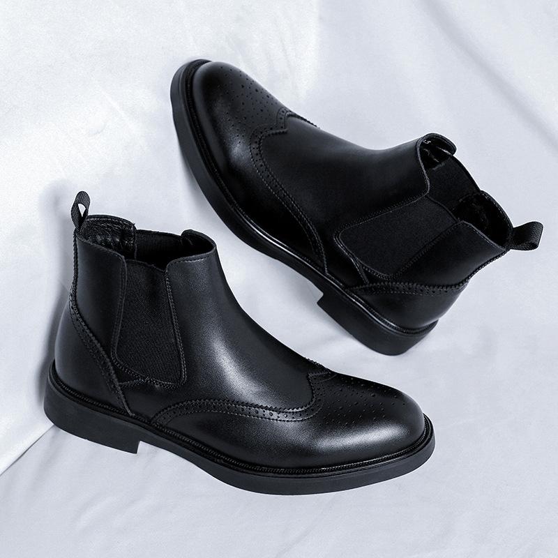 Mens Fashion Chelsea Boots Black Stylish Carved Brogue Shoes Business Office Dress Original Leather Boot Gentleman Ankle Botas