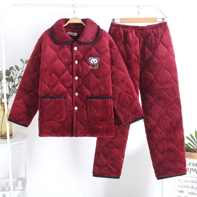 Thickened pajamas women's winter three-layer coral fleece padded cotton can be worn outside, plus sweet loungewear set