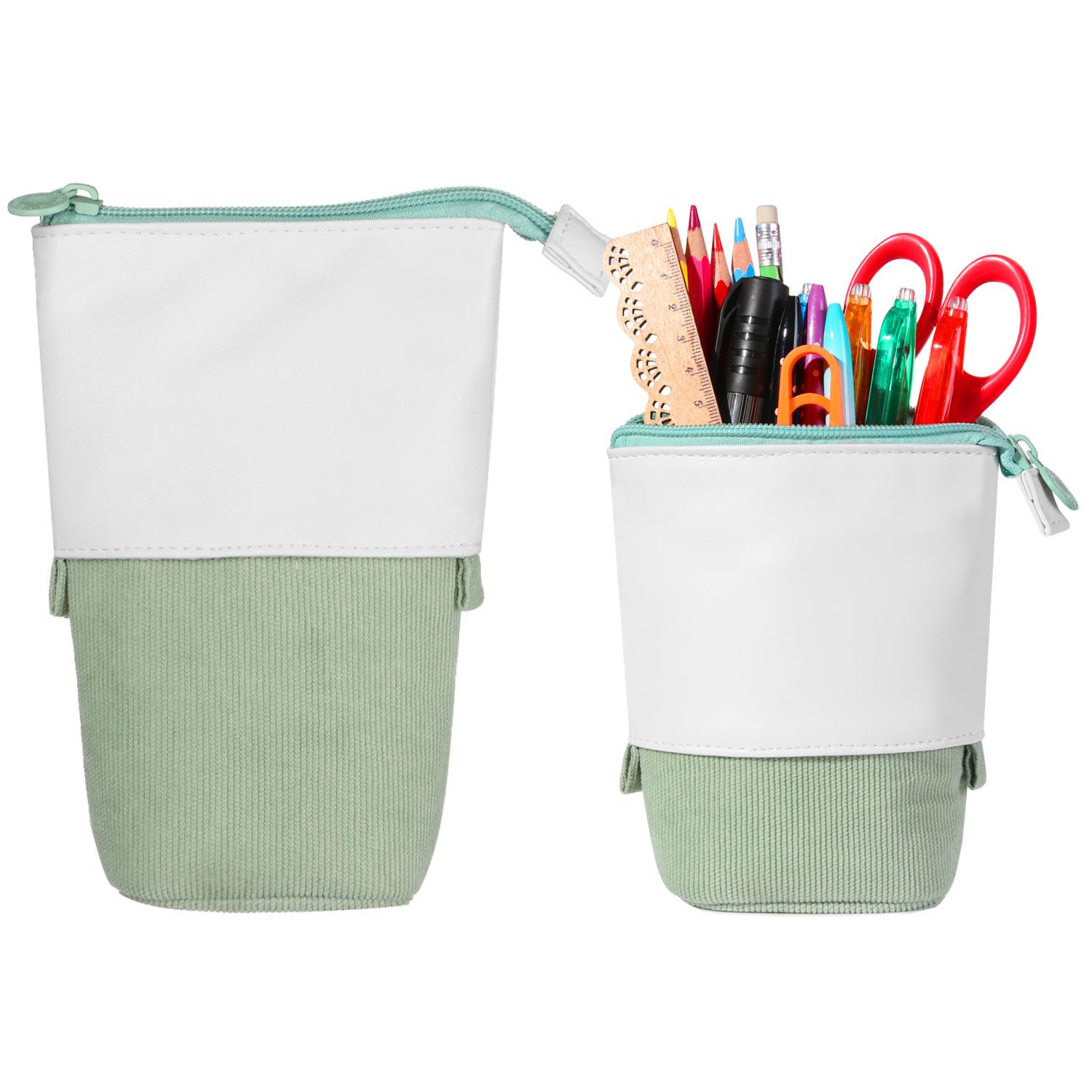 

PU Corduroy Large Capacity Pencil Case Telescopic Pen Bag Makeup Pouch Zipper Storage Box зелёный