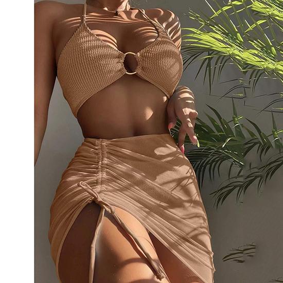 Maiô feminino estilo europeu-americano dividido, cor sólida, cor sólida, sexy, pescoço, pendurado, três peças, biquíni, moda praia