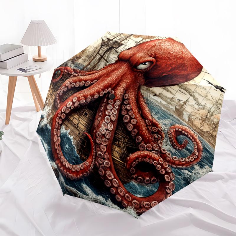 Ship Octopus pattern, automatic folding umbrella, portable and foldable design, 8 ribs, a Christmas or birthday gift.