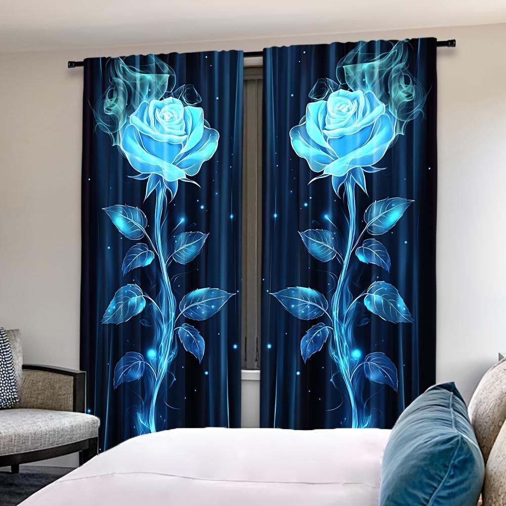 Sheer Blue Rose Curtains Black Background Living Room Bedroom Kitchen Curtain Made Of Polyester With Rod Pocket Washable Great Ready