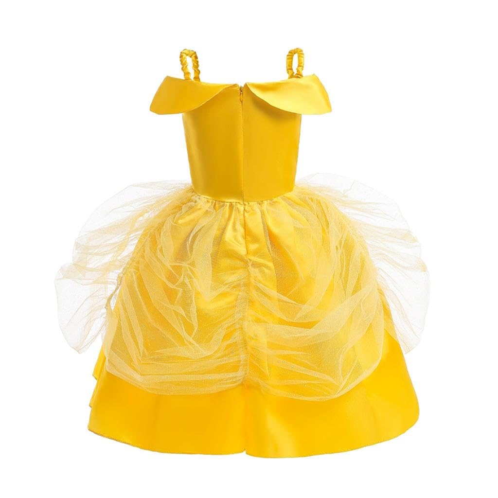 Girls Princess Dress Up Costume Yellow Costume Halloween Christmas Birthday Months Comes with Accessories Wand Gloves Rose Necklace Earrings [Dressy