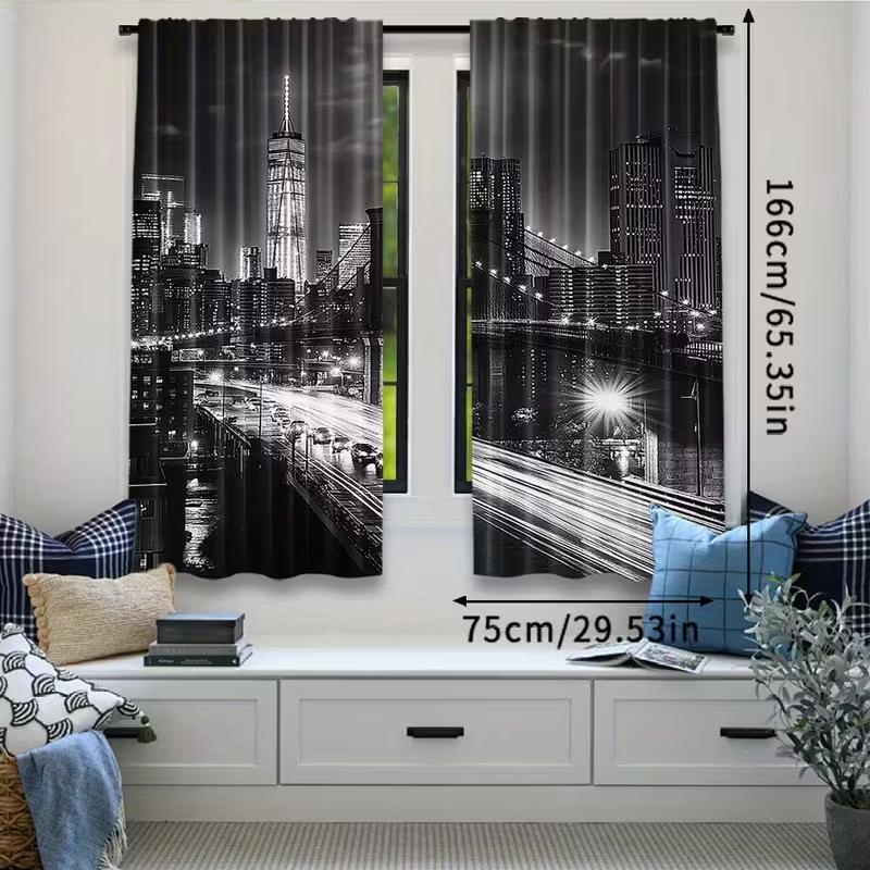 2pcs Stylish Black White Cityscape & Moon Pattern Curtains, Designed for Light Blocking, Premium Material, Suitable for Living R