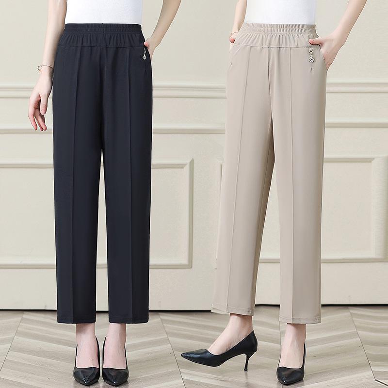 Summer Ice Silk Elastic Waist Pants for Middle-aged Women: Stretchy, Straight-leg Casual Wear for Comfort.