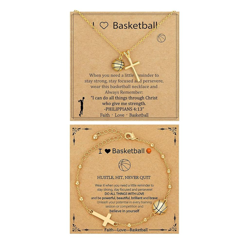 Trendy Basketball Cross Necklace and Bracelet Set