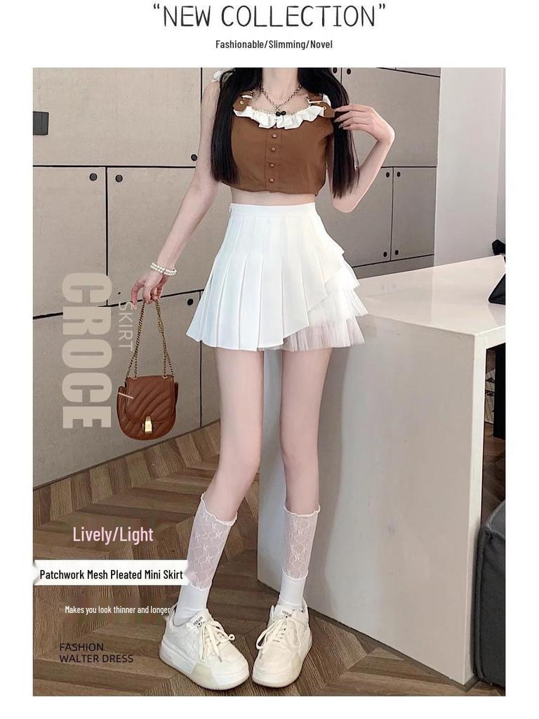 High-Waist A-Line Mesh Pleated Skirt: Women's Summer/Spring 2024 Short Skirt Pants