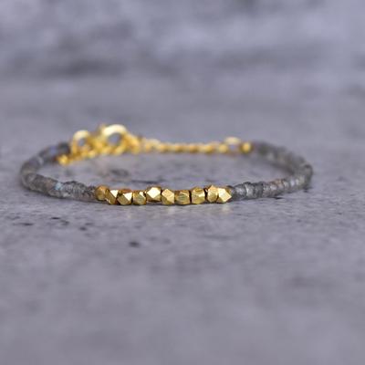 Natural Labradorite Faceted Bead Bracelet Silver Beaded Gemstone Bracelet Sterling Silver Handmade Bracelet Unique Beaded Jewelry for Her