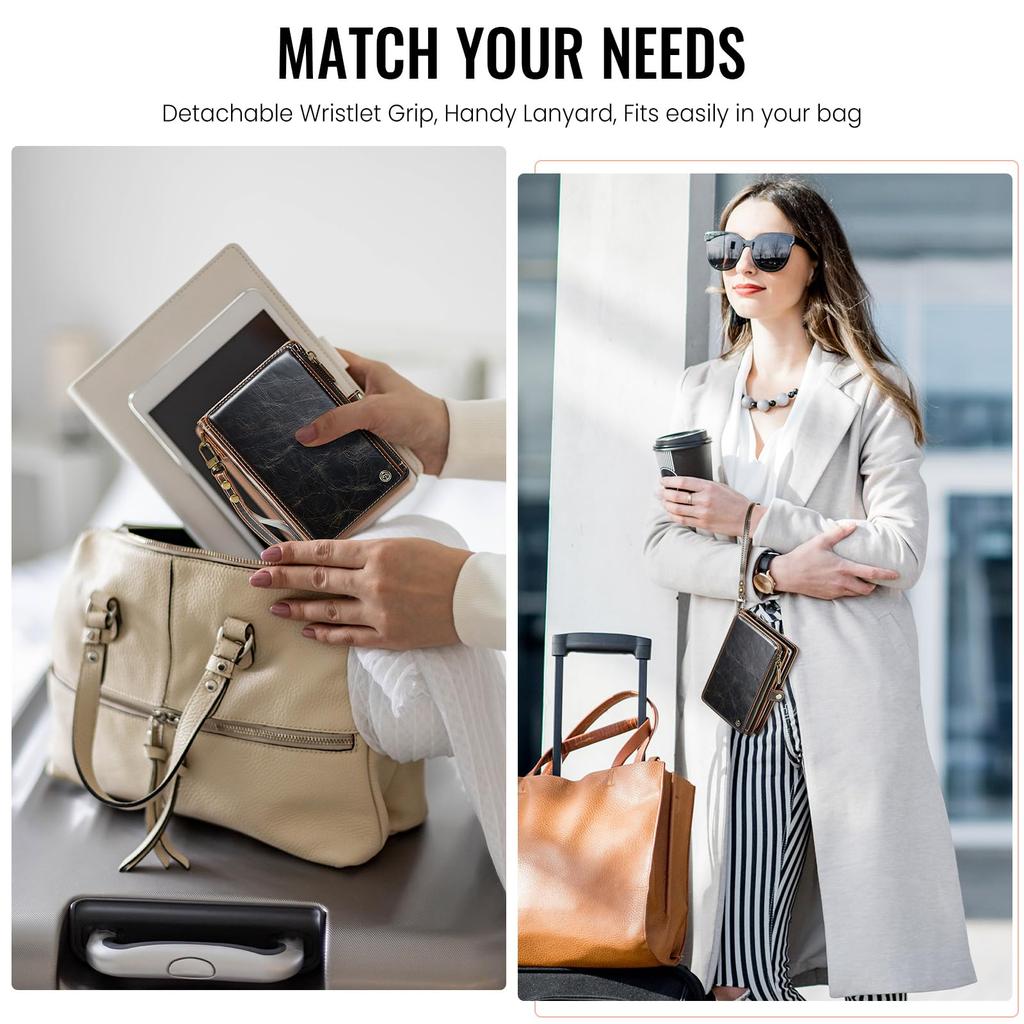 XIMAND Passport Holder Wallet Bag with 11 Card Slots and Passport Photo RFID Blocking Wristlet Brown Pocket, Pocket, Strap,