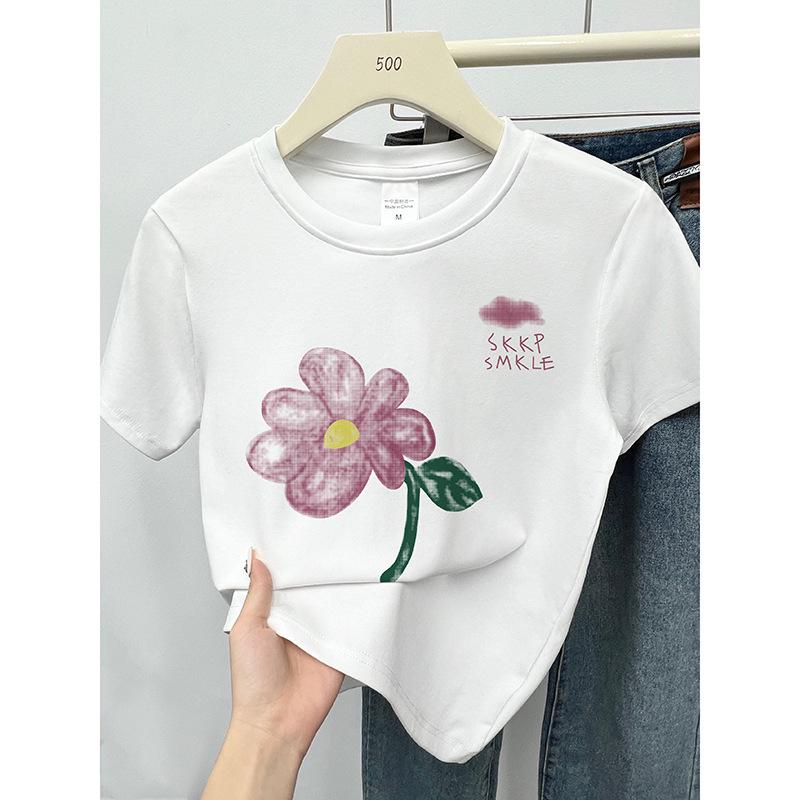

Women s Summer 2024 Petite Slimming Floral Crew Neck T-Shirt 2XL темно-синий