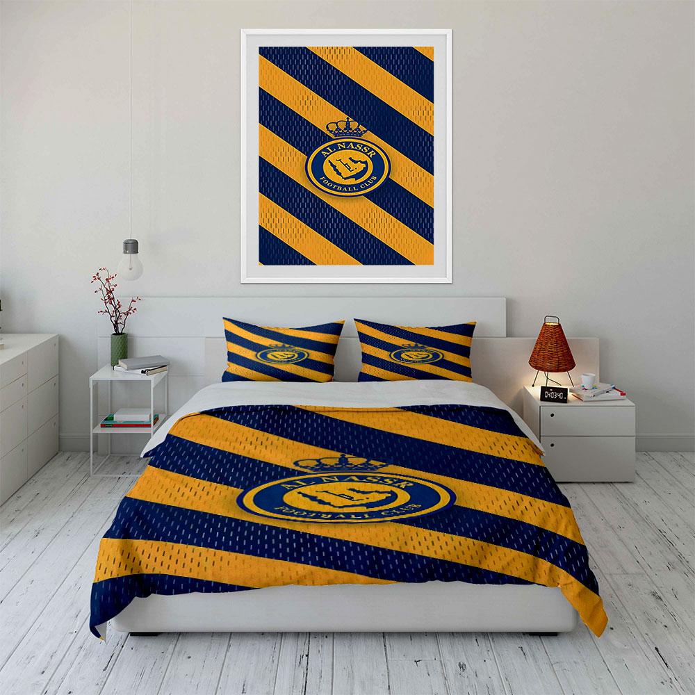 Gelb-blaue Streifen, Al-Nassr-Logo. Bettwäsche-Sets Bettbezug-Sets Bettbezüge Kissenbezüge(1*Bettbezug 2*Kissenbezüge ohne Bettdecke)