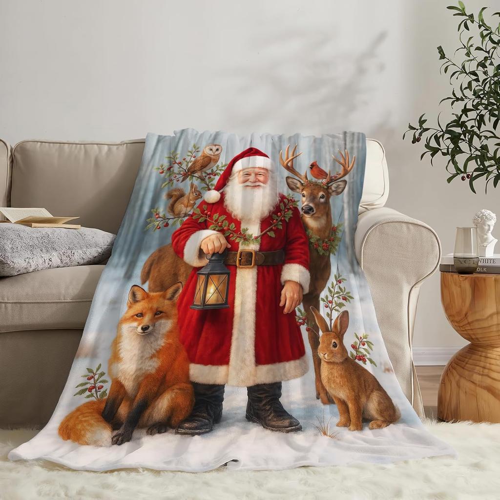Christmas Blanket Funny Santa Claus Throw Blankets for Girls Boys Super Soft Warm Fleece Flannel Deer Fox Animal Throws Gifts
