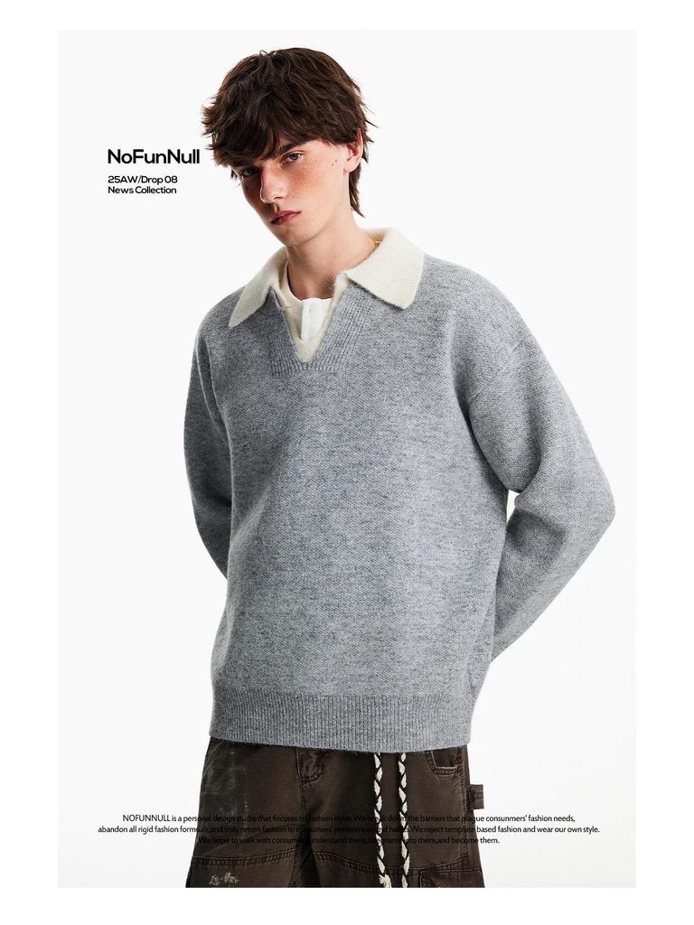 Men's High-End Old Money Style V-Neck Polo Knit Sweater for Autumn/Winter