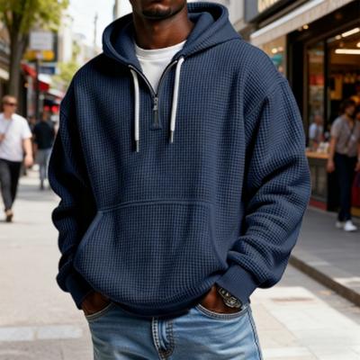 Erkek Sweatshirt Waffle Kumaş Kapüşonlu Düz Renk 1/4 Fermuarlı Kazak Ön Cepli Sonbahar Kış Günlük Bol Kesim Spor Üstler