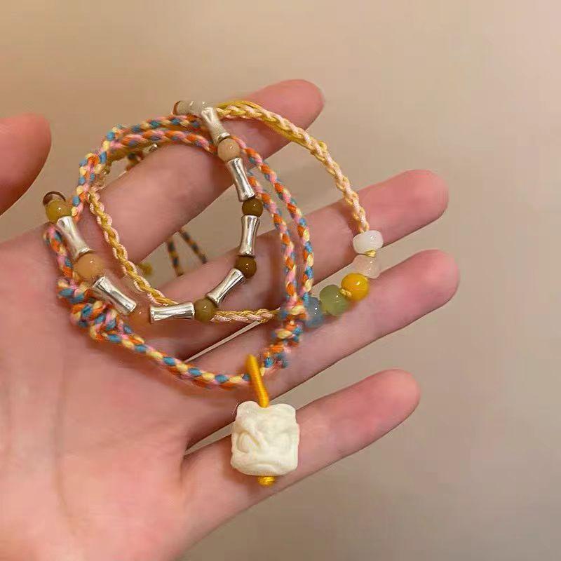 New Chinese Lion Dancing Bamboo Knitting Rope Hand Rope Female Niche Design High-End Beaded Bracelet Student Girlfriend Jewelry