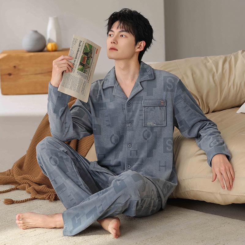 Island fleece pajamas men's autumn and winter cardigan high-end men's casual coral fleece warm loungewear winter suit