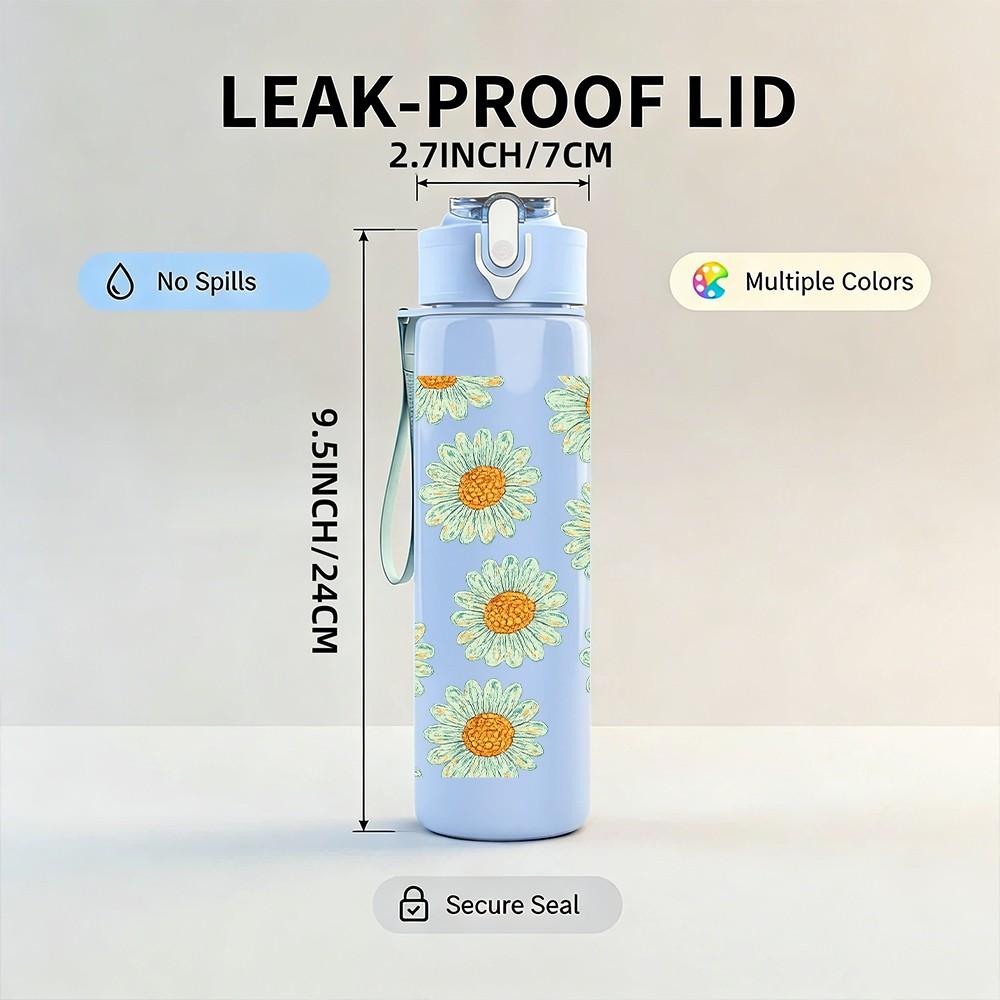 1PC Daisy Floral Print 750ml Color Plastic Sports Water Bottle Leakproof Flip Straw Lid Suitable for Sports Office Home Use