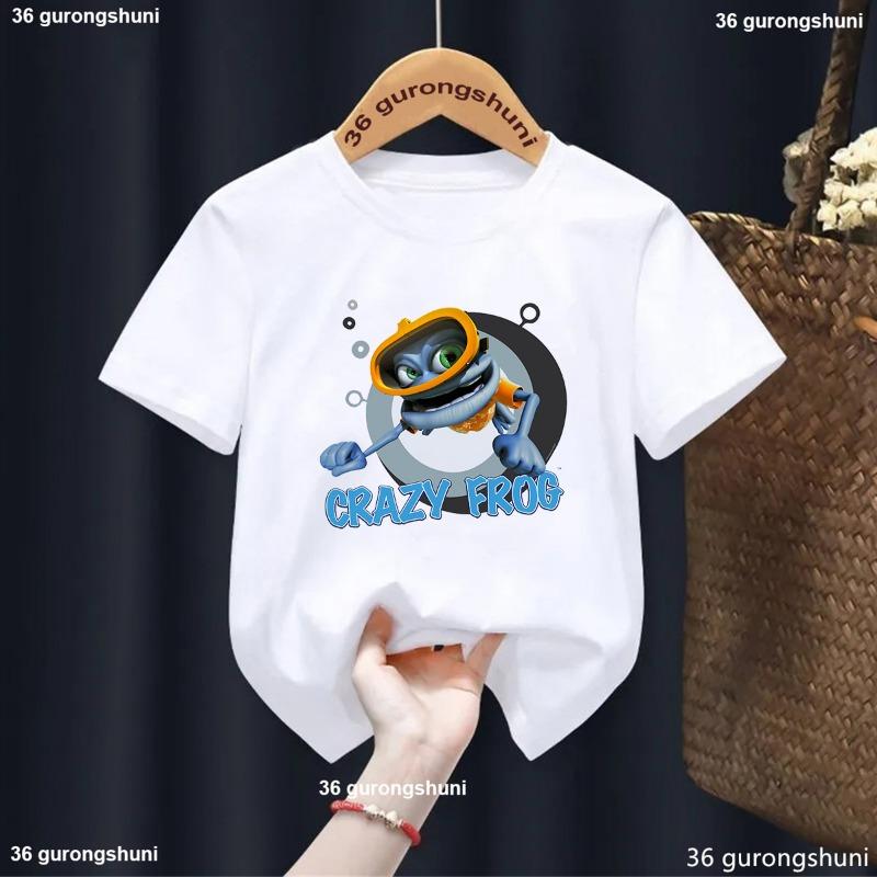 Nové tričko pro kluky/holky Vtipný kreslený potisk Žába, Dětská móda Trendy oblečení pro kluky Bílé s kulatým výstřihem Dětské tričko Top 1-13