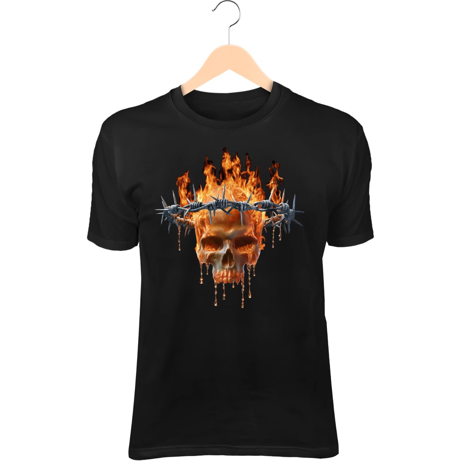 Flaming Skull II T-Shirt – Barbed Wire Crown, Iron Halo, Fire Dripping Blood 3XL