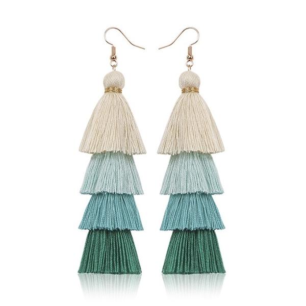 Bohemian Fringe Long Gradient Multilayer Drop Earrings Women Silk Fabric Ethnic Tassel Earring