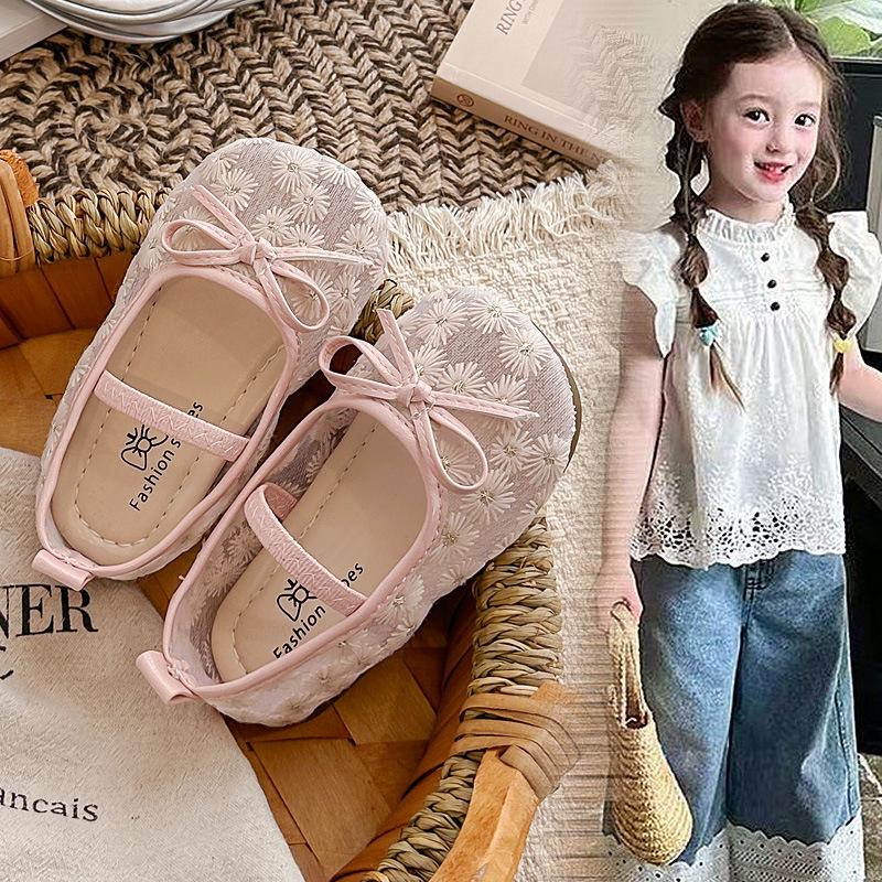 Girls' Flower Petal Pearl Solid Color Small Flats2026Summer Sweet Mesh Shoes for Children and Youngsters