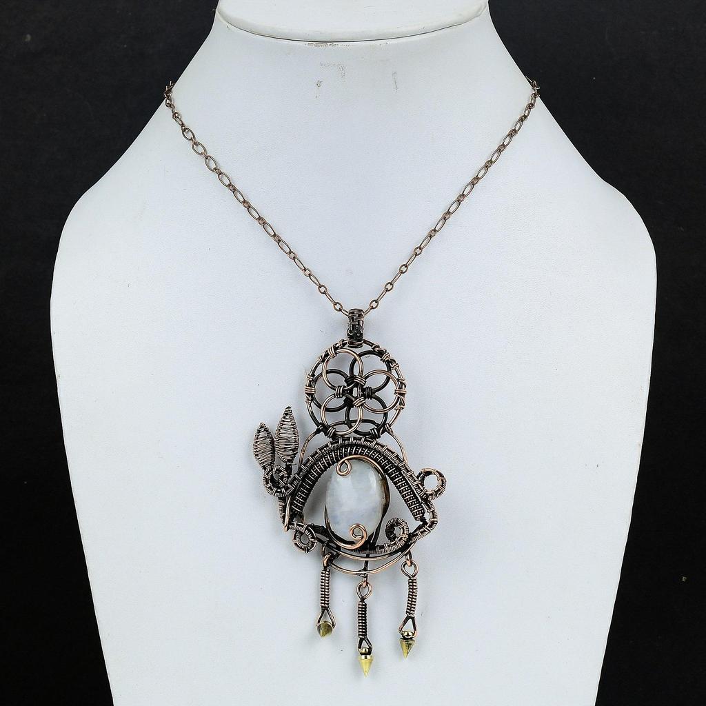 Rainbow Moonstone Pendant Gemstone Jewelry, 999 Copper Wire Wrapped Pendant, Handmade Beautiful Jewelry Pendant