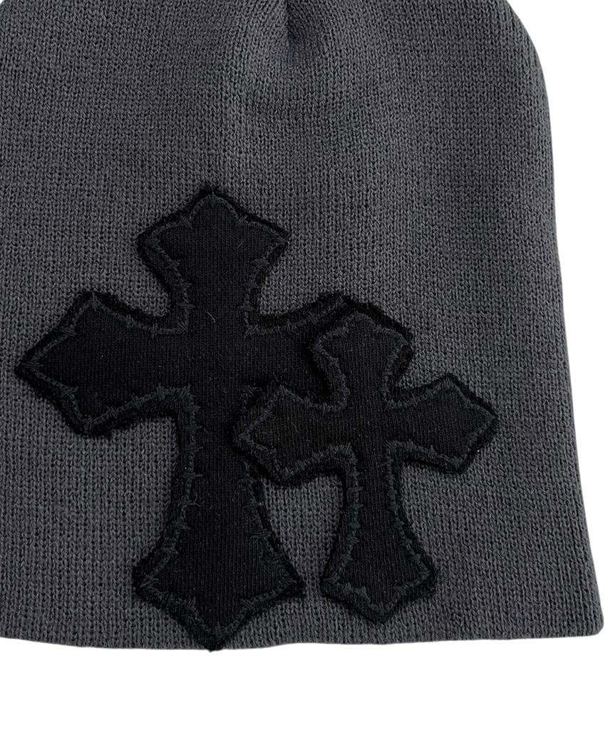 SK8ER ROCK Double Cross Patchwork Beanie ((Dark Gray))