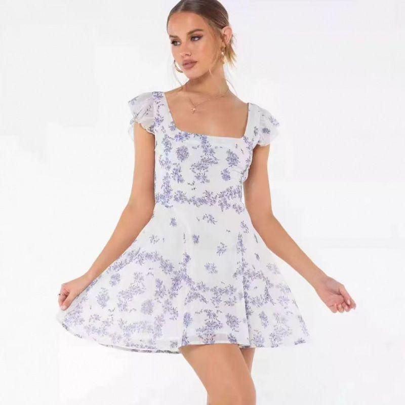 

Princess Polly Fashion New Frill French style Blue Floral Square Collar Non-Stretch Mini Dress Picture Color L