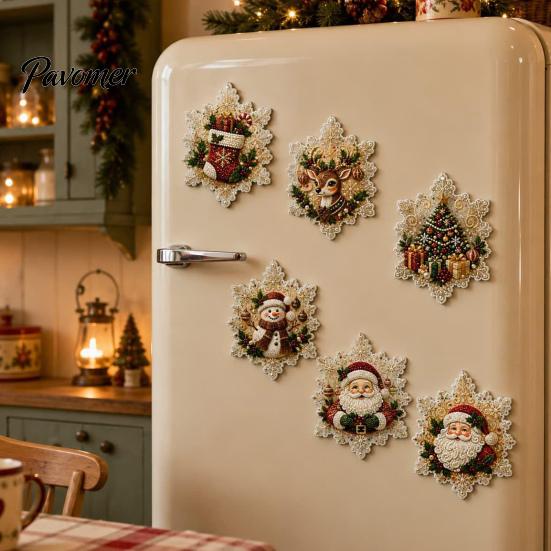 Reindeer Kitchen Decor 6Pcs DIY Faux Pearl Painting Fridge Magnet, Santa Snowman Stocking Tree Refrigerator Magnets Gingerbread Snowflake Handmade