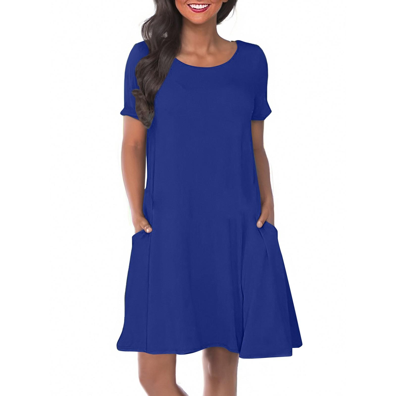 

Women s Color Round Neck Color Casual Pocket Short Sleeve Swing Dress XL