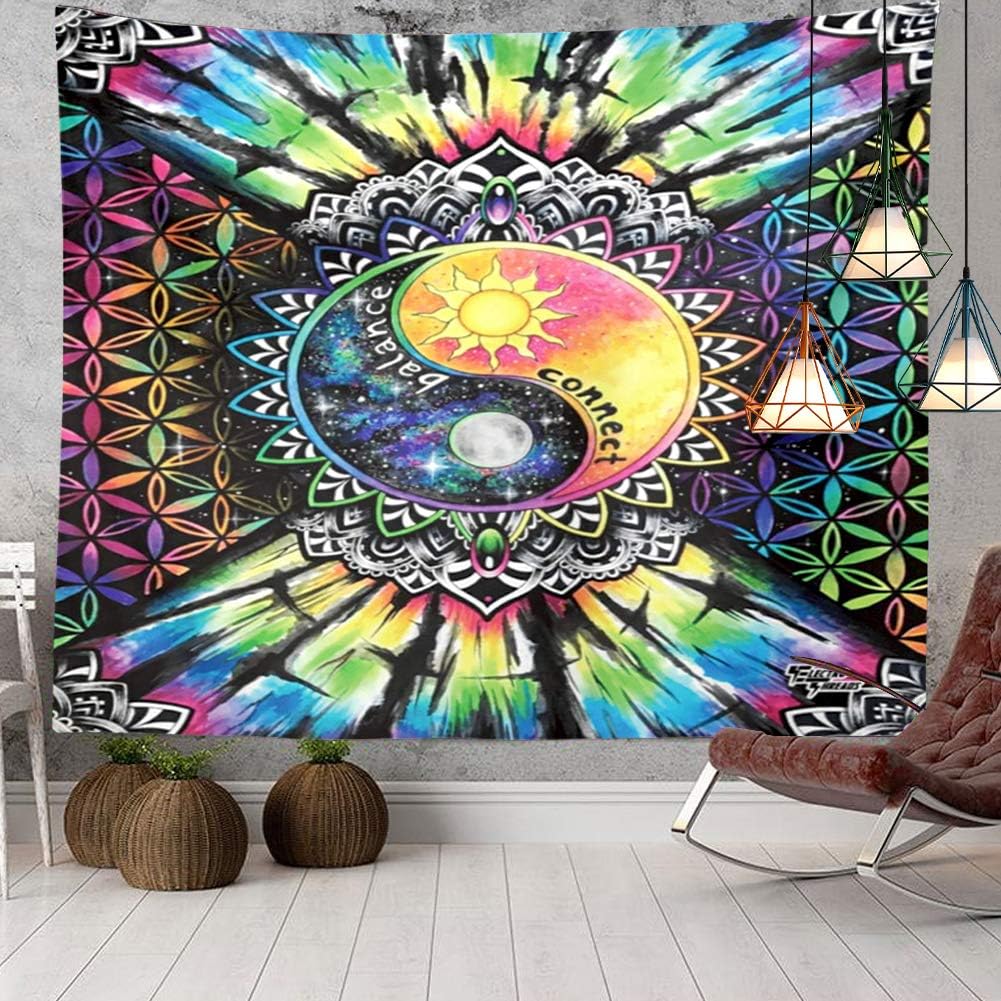 Yin Yang Balance Connect Tapestry Sun Moon Psychedelic Wall Hanging Decor Indian Mandala Bohemian Hippie Trippy Large Tapestry