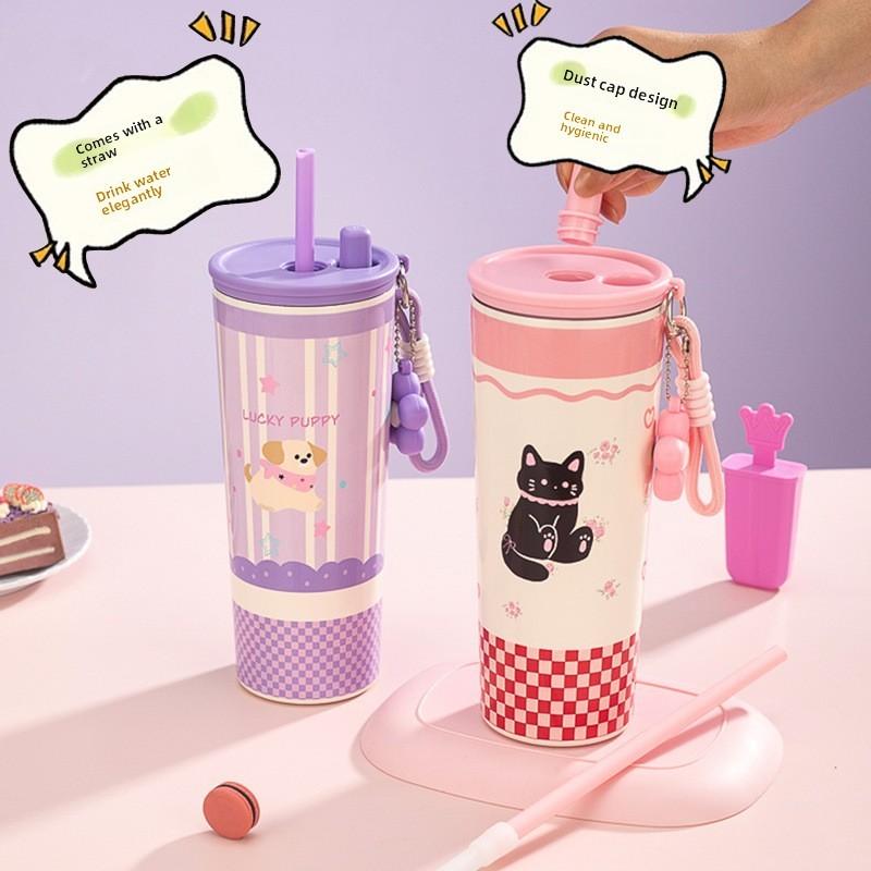Petal Straw Cup Insulated Travel Mug With Carrying Rope For School And Commuting