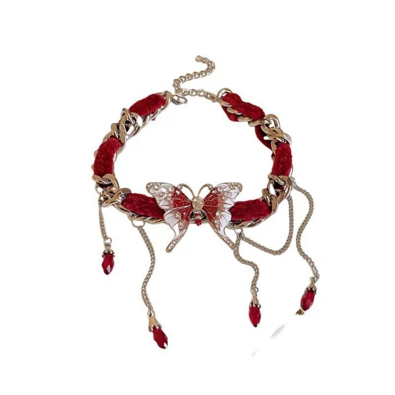 Red Velvet Butterfly Tassel Necklace, Women's Sweet And Cool Temperament, Fashionable And Luxurious Design, Collarbone Chain