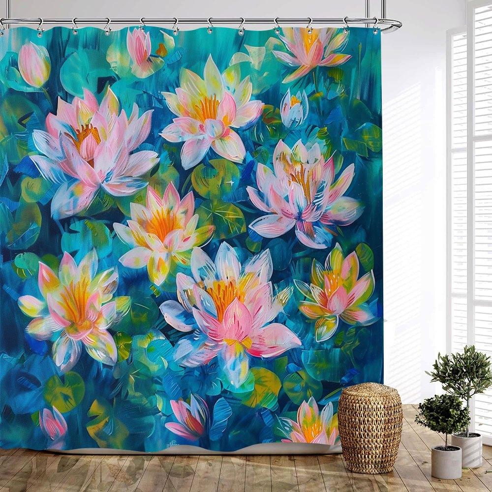 

1Pc Water Lily Pond Shower Curtain - Watercolor Impressionist Floral Design With Pink & White Flowers, Yellow Centers, Green W60H190(CM)-1 Pcs