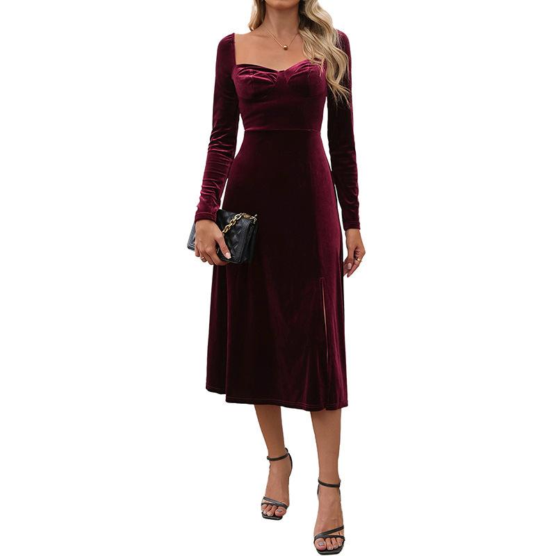 Amazon New French Elegant Valentine's Day Split Dress Christmas Velvet Solid Color Square Neck Dress Women