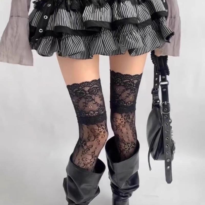 

Y2K New Women Flower Lace Fishnet Thigh High Stockings Japanese Style Jk Girl Sweet Lace Trim Frilly Over Knee Long Socks One Size