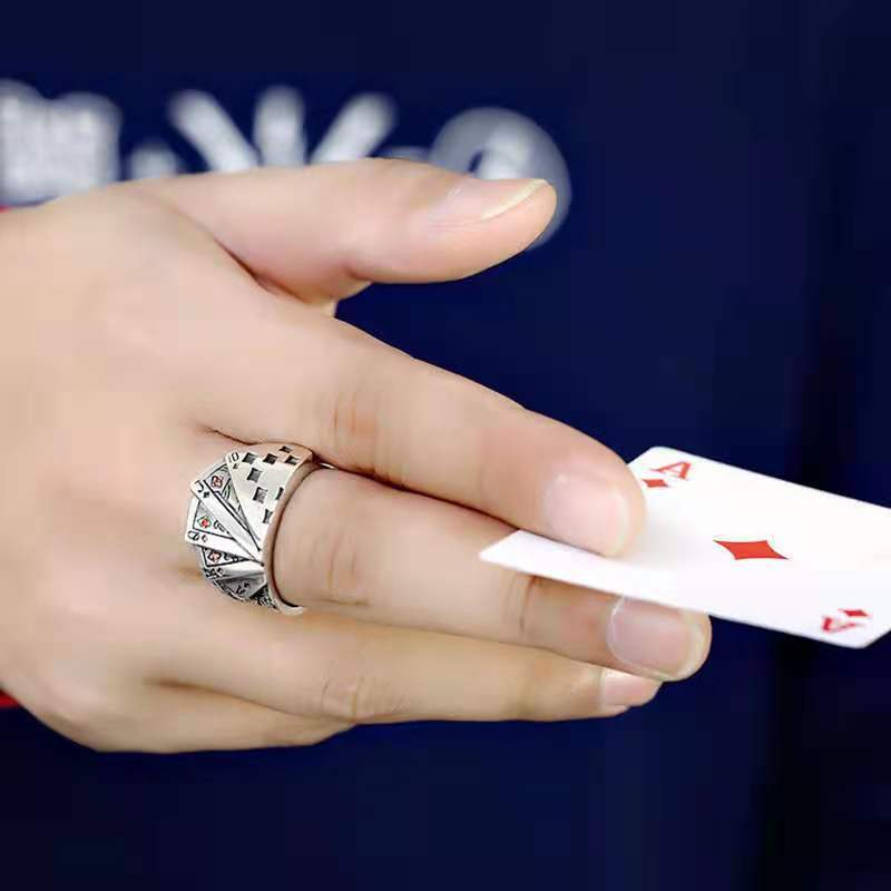 Flush Poker Ring for Men and Women, Domineering Retro Square Open Ring Jewelry