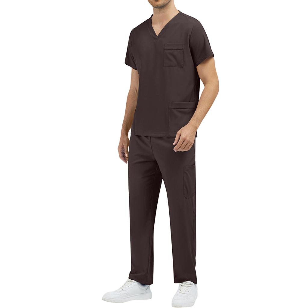 Men’s V Neck Short Sleeve Scrub Set Two Piece Uniform with Chest Pocket and Straight Leg Pants for Medical Work