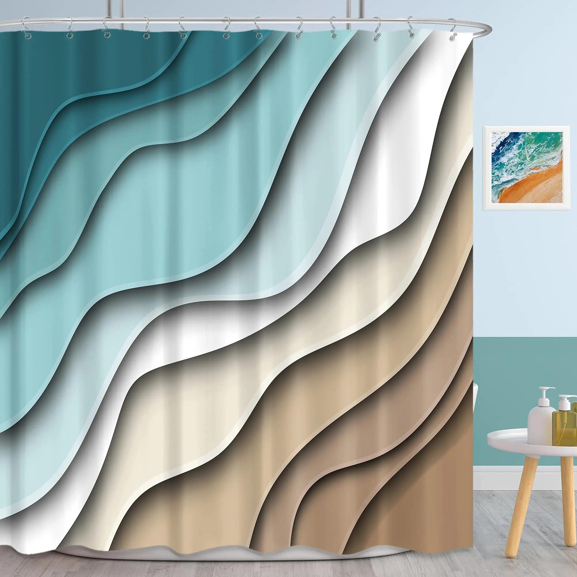 Fabric Teal Blue Shower Curtain Aesthetic Ombre Brown Cream Shower Curtains Modern Abstract Geometric Beach Bathroom Curtain Set W90xH180cm(35x70 in)