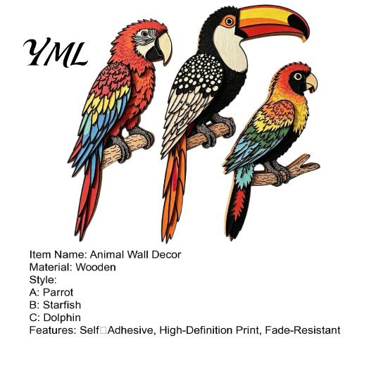 Modern Home Wall Ornament 3Pcs Tropical Bird Wooden Decor, Toucan Parrot 2D Flat Wood Colorful Forest Decor Art, Animal for Living Room Bedroom