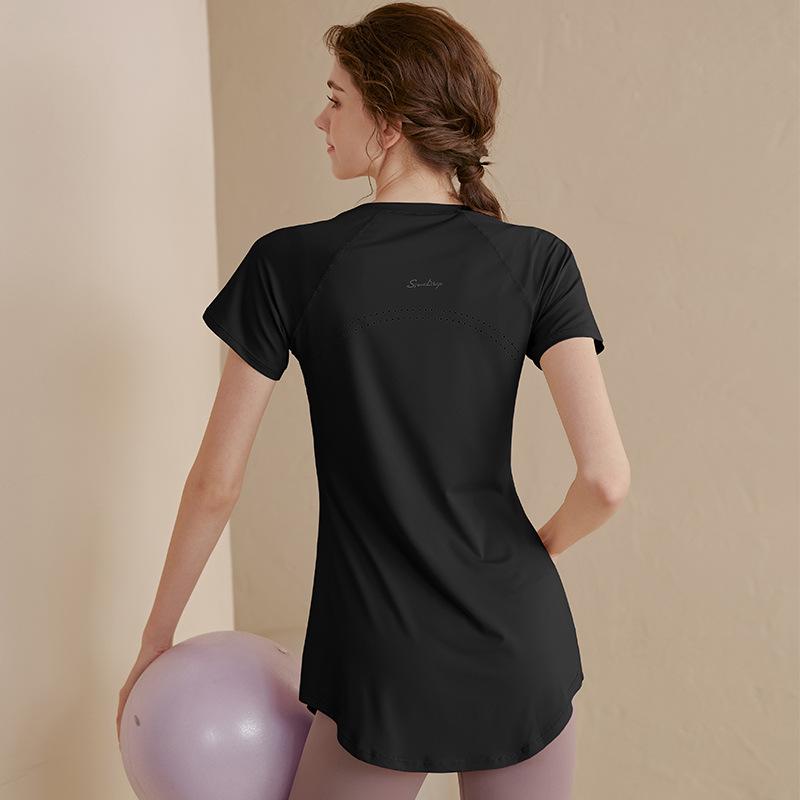 

Женские футболки для йоги 2025 года: Средняя/длинная, прикрывает бедра, утягивает, с короткими рукавами, идеально подходит для бега и фитнеса летом. XXXL (150-165 lbs) чёрный