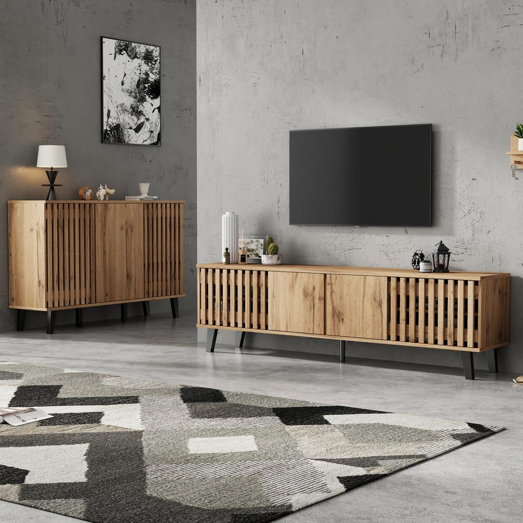 TV Cabinet (180×40×55 cm) and Sideboard (150×40×95 cm), Natural Wood – 8 Compartments, 6 Storage Compartments, Suitable for Living Room and Bedroom