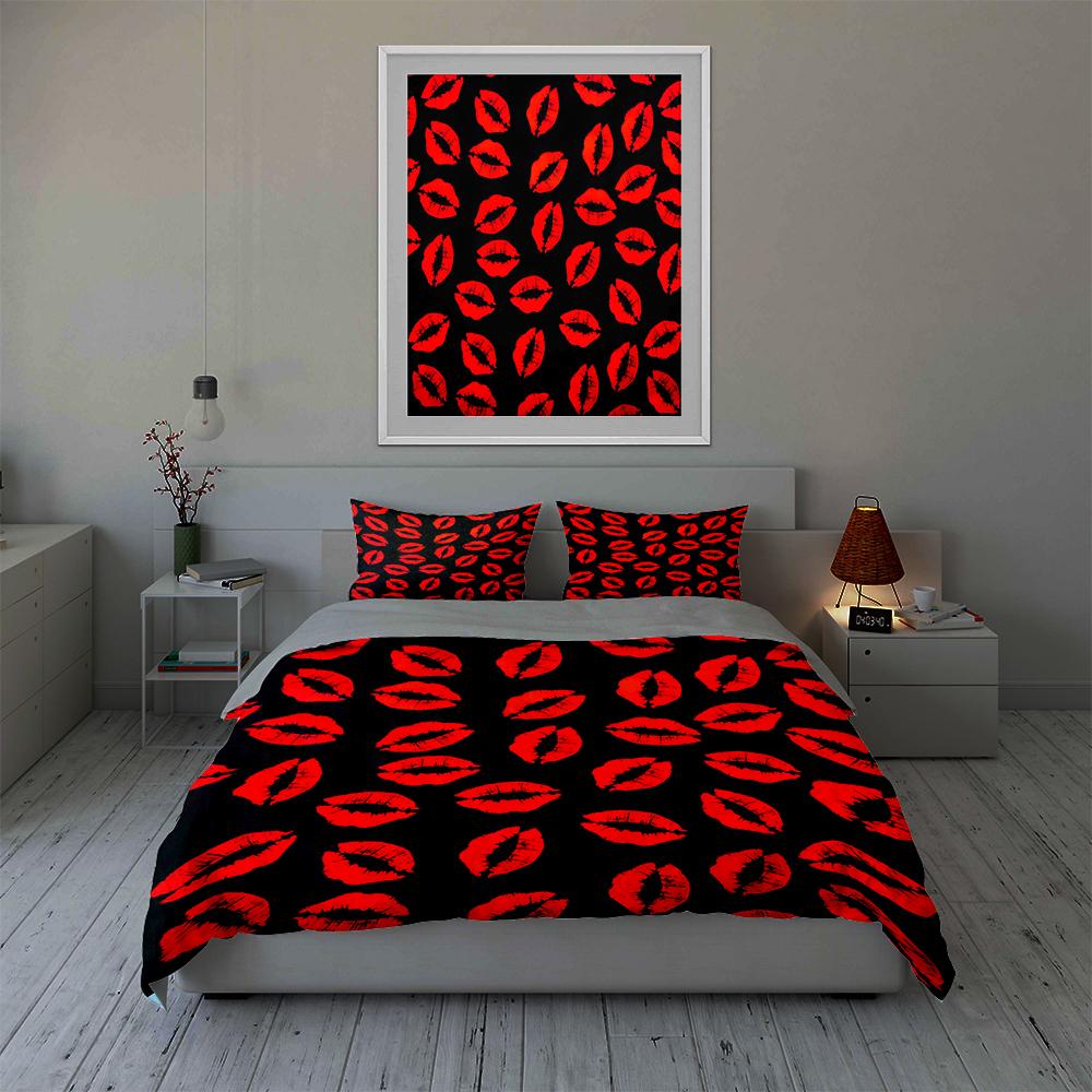 Red lip prints. Bedding Duvet cover sets Duvet covers Pillowcases gifts (1 * Duvet Cover 2 * Pillowcases, without duvet insert)