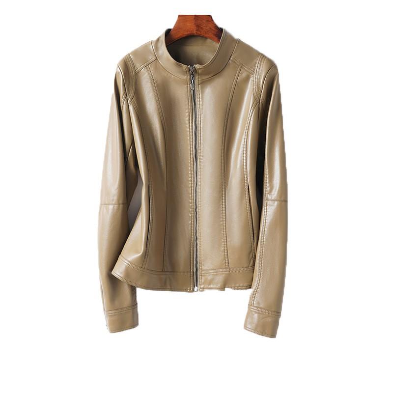 Womens Short Leather Jacket Stand Collar Slim Fit Winter Fall Coat Petite Ladies
