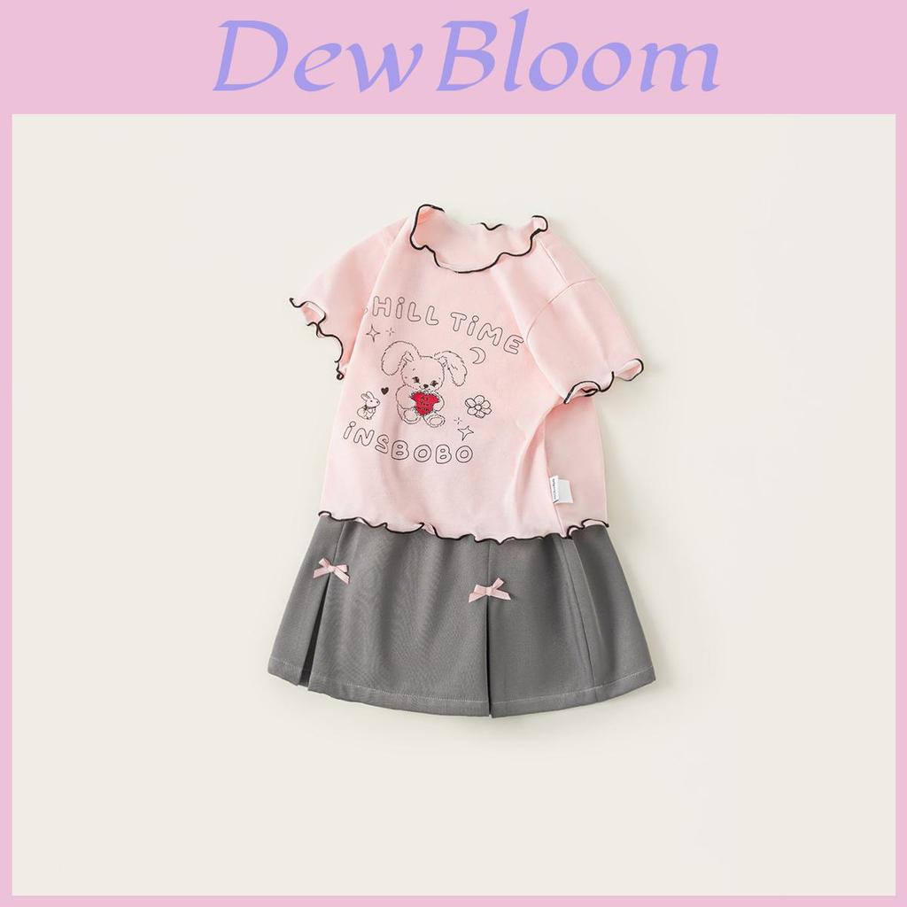Girl Summer Cartoon Rabbit Print Short Sleeve Dress Set With Bow For Toddler Girls