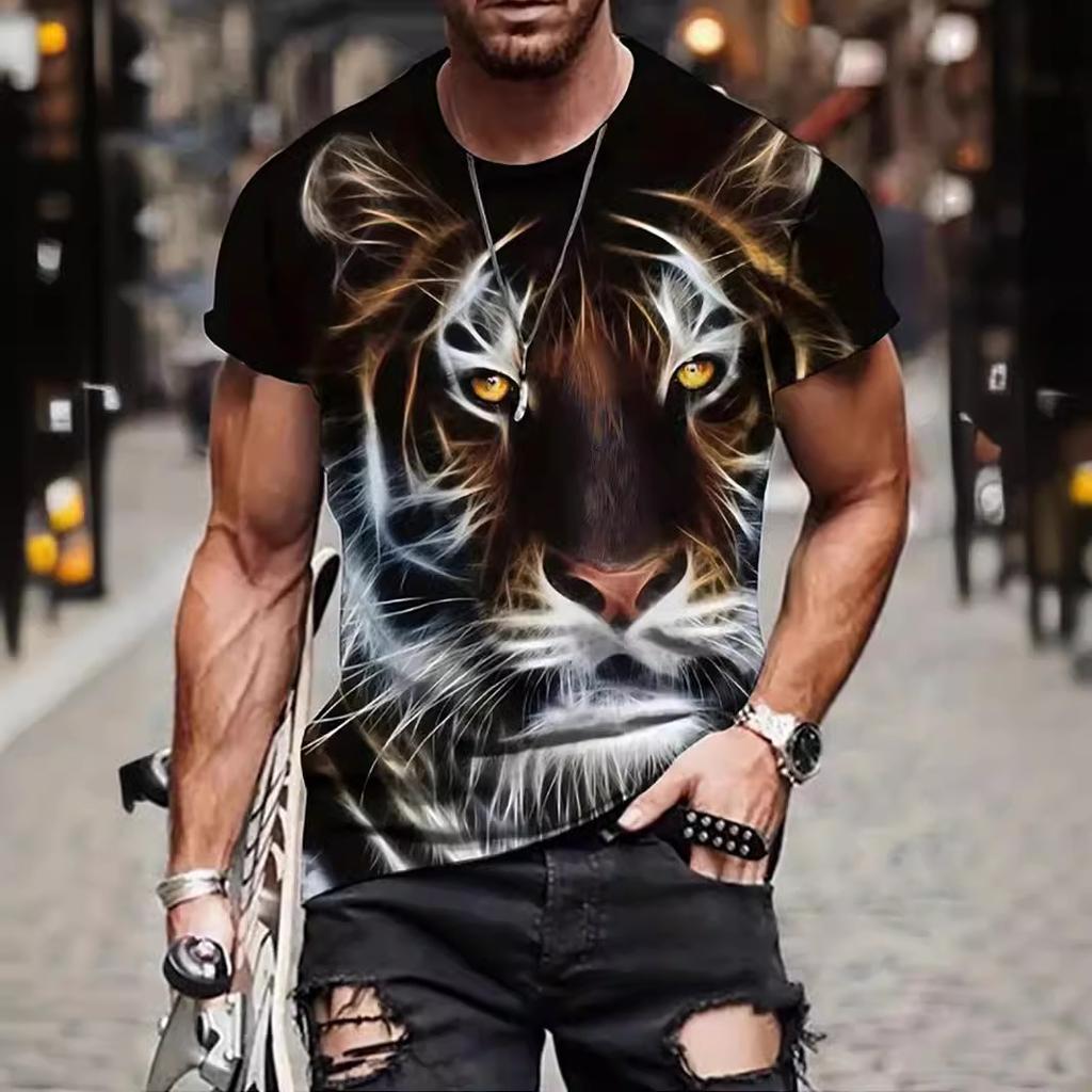 Letní tričko s kulatým výstřihem a 3D potiskem zvířecí hlavy, módní ležérní pánské tričko s krátkým rukávem