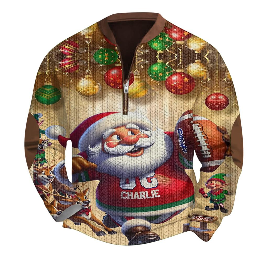 Mens Christmas Sweater Zip Up Sweatshirts Vintage Knit Graphic Sweatshirt Xmas Stand Collar Pullover