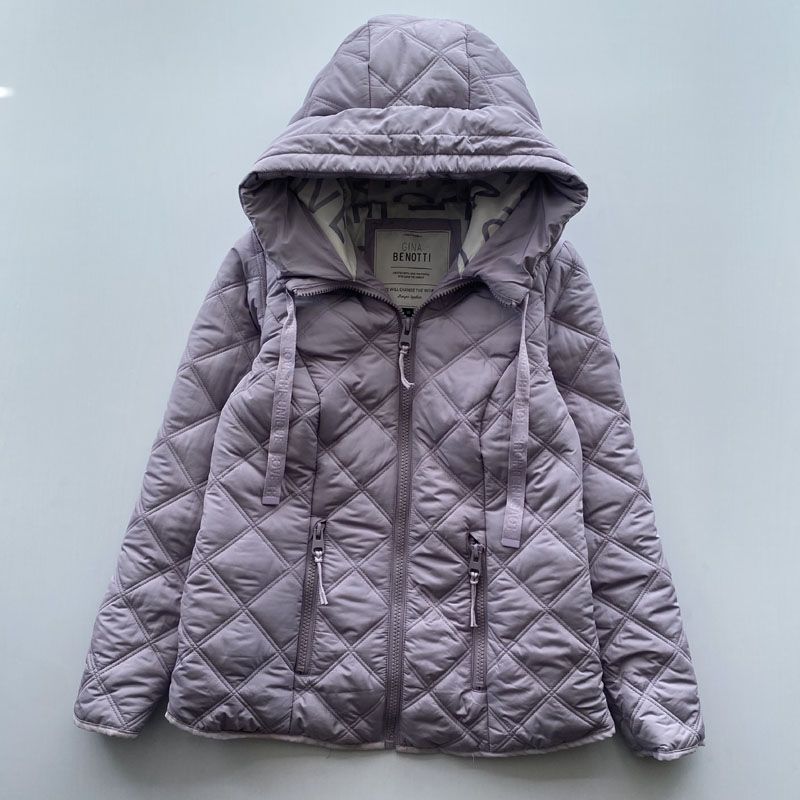 

Итальянское качество товары для скота Осень и зима Женская пуховая хлопковая куртка Светло-фиолетовая ромбовидная стеганая с капюшоном хлопковая куртка Light purple 38 yards (under 57.50kg)