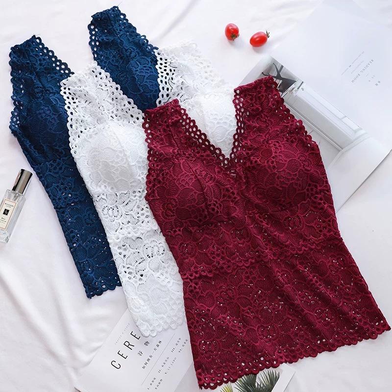 Neues Spitz-Basics-Shirt mit Hohlmuster, sexy Rückseite, Unterwäsche-Westen-Top, Spitzen-Träger-BH für Damen