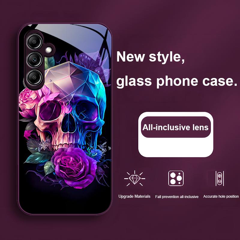 Cartoon Roses And Skulls For Samsung Galaxy A01 02 03 Core A04 A14 4G A13 54 34 31 20 25 23 22 5G S21 Ultra S20 Glass Phone Case